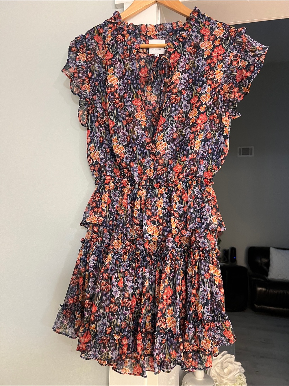 Misa Los Angeles Navy Floral V-Neck Mini Dress with Ruffles size XS